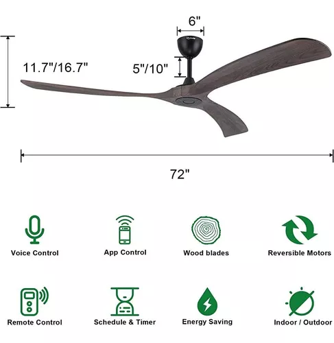 Ovlaim Ventilador de techo inteligente de 72 pulgadas, sin luz, motor de  CC, ventilador de techo de madera grande sin luz, 3 aspas para interiores y