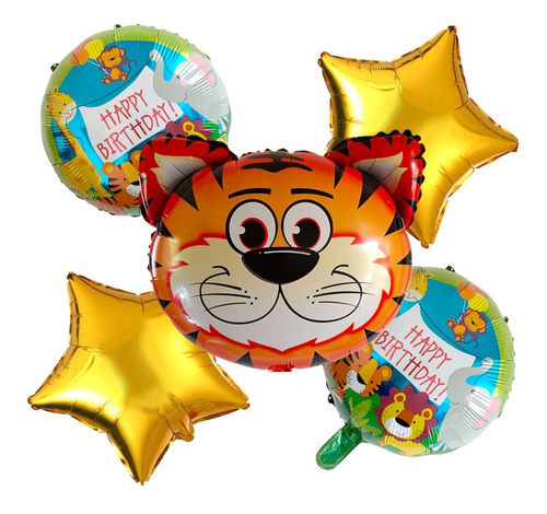 Kit 5 Globos Feliz Cumpleaños Tigre Selva