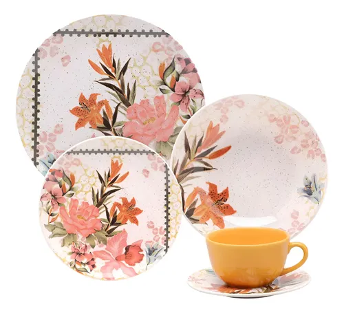 Aparelho De Jantar Unni Buque Tropical 20 Peças Oxford Cor Creme Florido