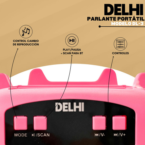 Parlante Portatil Delhi Inalambrico Bluetooth 500w 3 PuLG Color Rosa