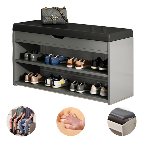 Zapatero Mueble Banco Con Cojín 80*30*43cm 2 Niveles Negro