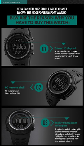 Reloj pulsera Skmei 1251 de cuerpo color negro, digital, para hombre, fondo negro, con correa de poliuretano color negro, dial gris, minutero/segundero blanco y negro, bisel color negro, luz verde y hebilla doble