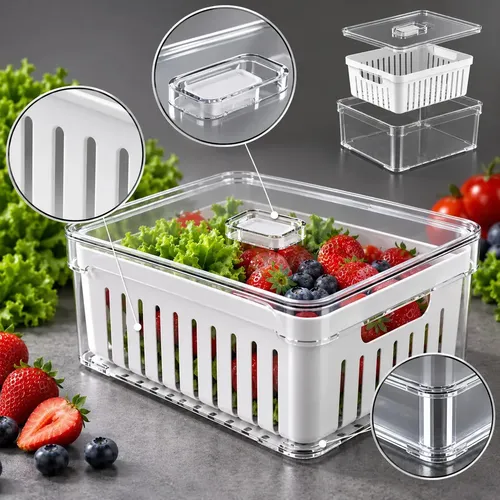 Organizador de Geladeira 2,2L com Cesto de Drenagem Plástico Livre de BPA Tampa com Trava Pote de Acrílico Transparente Ponte Lar Utilidades para Frutas Legumes Verduras Frio Armário Cozinha 1 Unidade