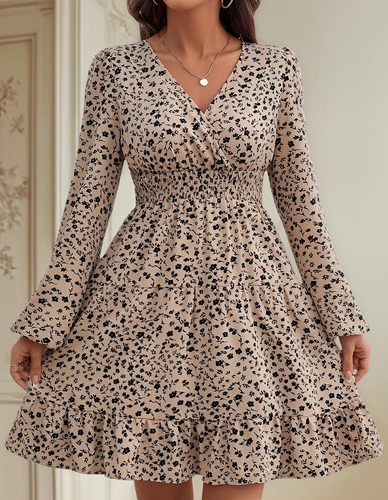 Vestido Corto Con Escote En V Y Estampado Floral De Mujer