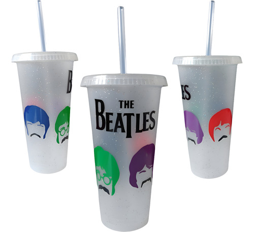 Vaso The Beatles - Los Beatles Grande Con Tapa Y Popote
