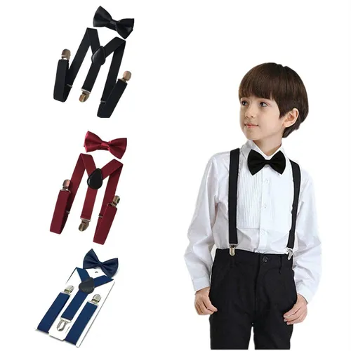 Traje con tirantes y moño para niño hot sale