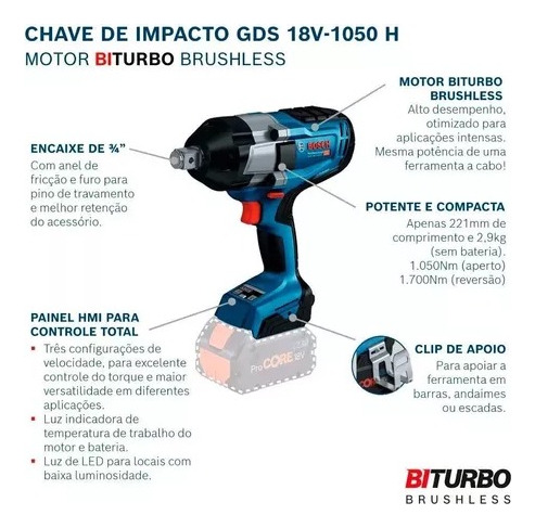 Chave De Impacto Bosch Gds 18v 1050h +2 Bateria 18v Bivolt