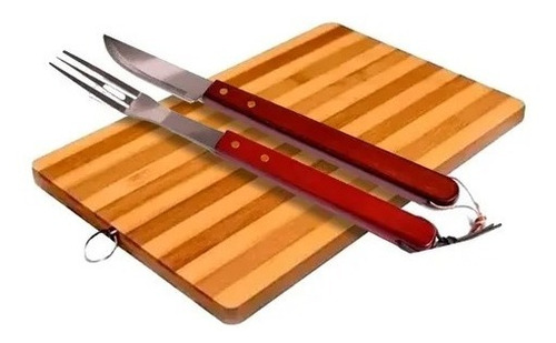 Tabla De Madera Picar Cortar Asado Bambu C/ Cuchillo Tenedor