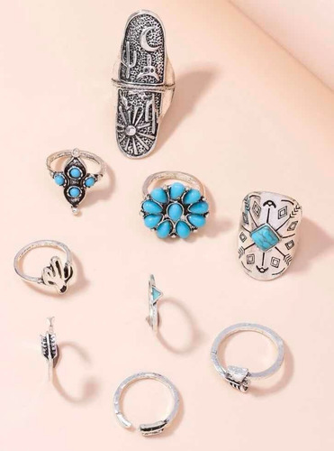 Set De 9 Anillos Con Diseño Hippie Chic Turquesa- Aleación