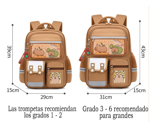 Mochila Capibara Escolar Kawaii Con Accesorios Compartimentos Premium Marrón Claro Tela De Oxford
