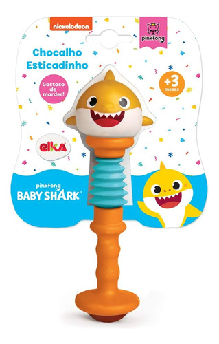 Chocalho Esticadinho Baby Shark - Elka 1144 Cor Laranja Desenho Tubarão