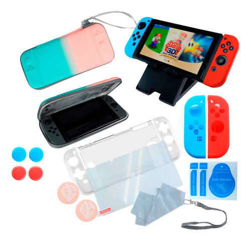 Kit Para Nintendo Switch Rosa Turquesa Estuche Protector