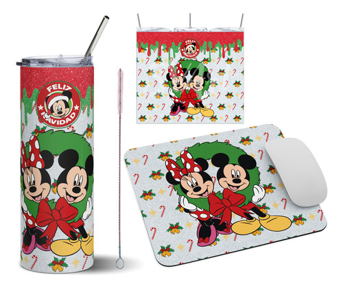 Termo + Mouse Pad De Regalo Mickey Y Minnie Mouse Navidad M2