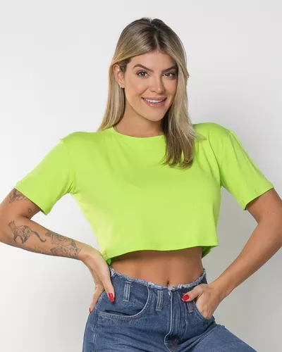 T-Shirt Cropped Branco/Verde Neon