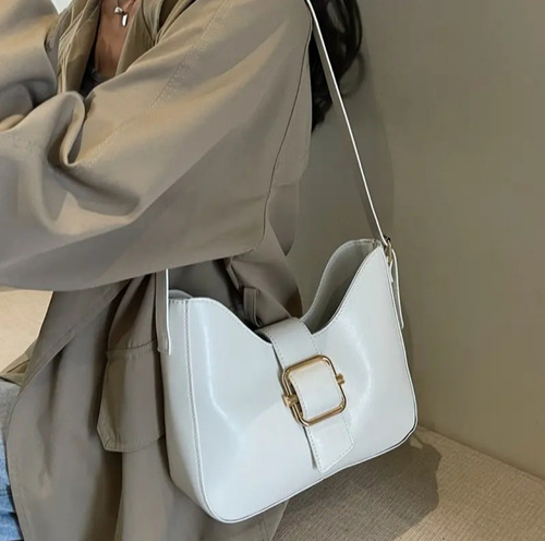 Cartera De Hombro Regulable Con Cierre Y Hebilla Tendencia Blanco Lisa Níquel Blanco