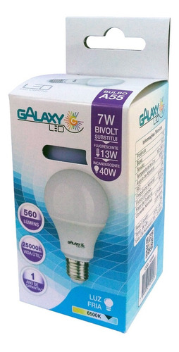 Lampada Led Bulbo A55 7w Branco Frio 6500k Biv E27 Galaxy