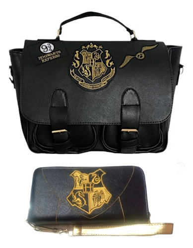 Set Harry Potter Hogwarts Mochila Y Cartera Mujer Acabado De Los Herrajes Oro Color Negro Correa De Hombro Negro Diseño De La Tela Liso