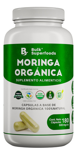 Suplemento en cápsulas Bulk Superfoods de Moringa Pura Orgánica 180 Cápsulas