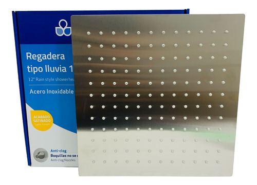 Regadera Cuadrada Plana Acero Inox  Satinada 12'' Griven