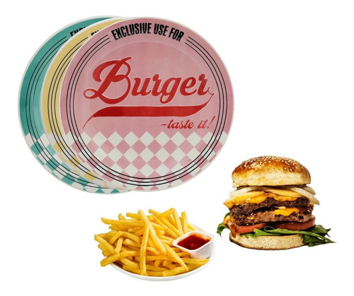 3 Pratos Jantar Burger Retro Coloridos Cerâmica Oxford