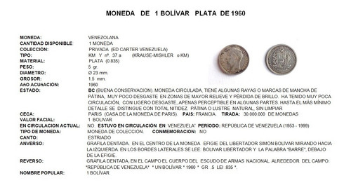 Imagen 3 de 5 de Moneda 1 Bolívar Plata 1960. Colección. Venezuela