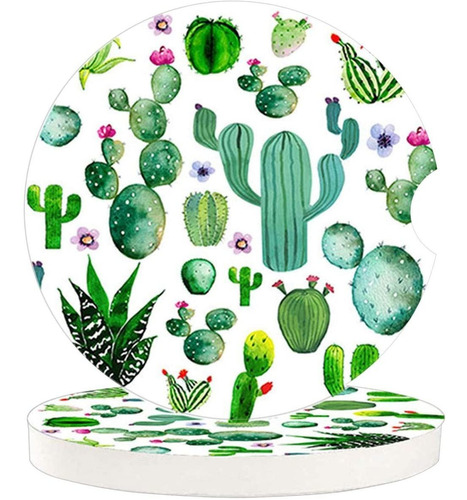 Juego De 2 Posavasos Para Coche De Cactus, Acuarela, Flor De