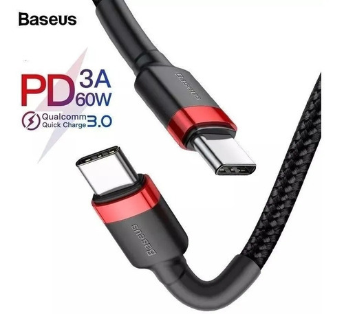 Cable Baseus Qc 3.0 de 60 W reforzado tipo C de 2 clavijas, 50 cm, color negro