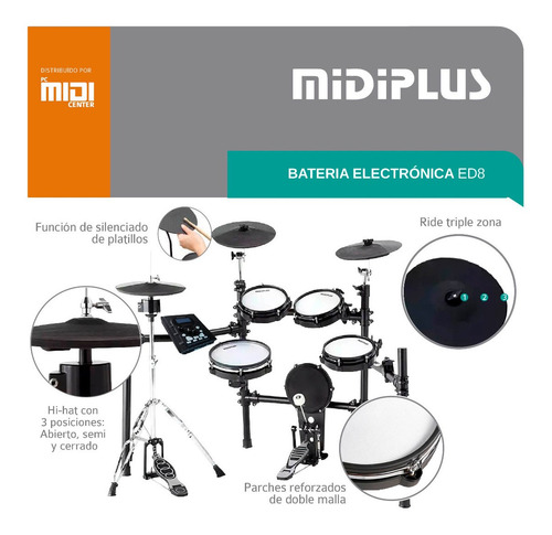 Imagen 4 de 8 de Batería Electrónica Midiplus Ed8 5 Cuerpos 3 Platillos