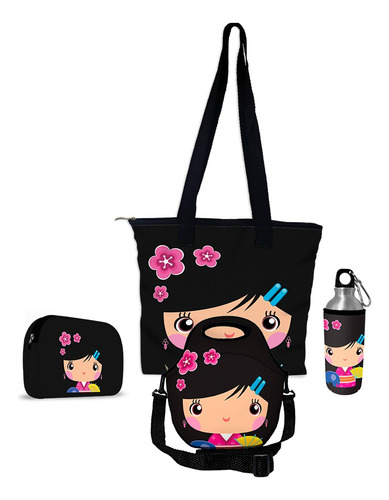 Kit Bolsa + Lancheira + Garrafa Squeeze+ Necessaire Princesa