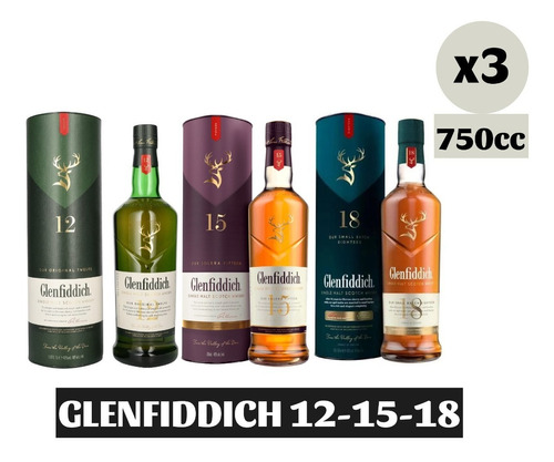 3x Whisky Glenfiddich Single Malt 12 - 15 - 18 Años 750cc