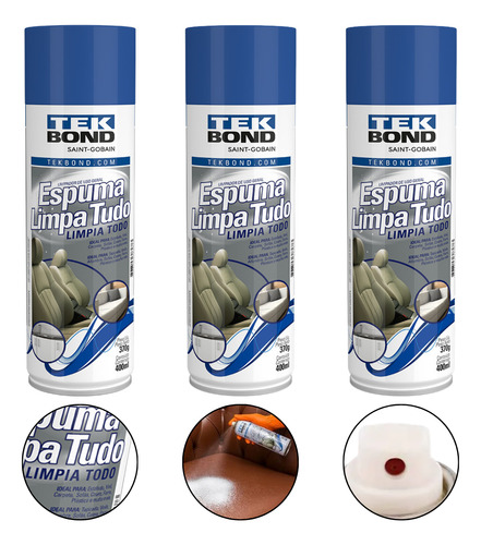 Kit 3 Tekbond Espuma Limpa Tudo Limpeza Automotiva Estofados
