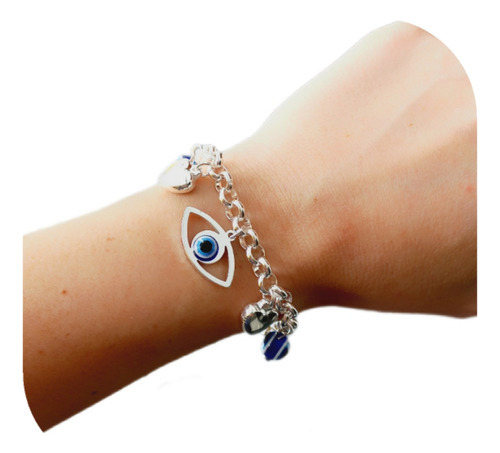 Pulsera Acero Blanco Con Multidijes Colgantes Ojos Turcos  