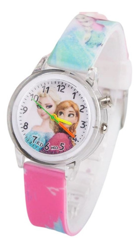 Reloj Frozen Princesas Ana Y Elsa Con Luz Niñas Infantil Correa Rosa Chicle Bisel Plateado