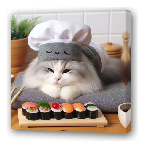 Cuadro 60x60cm Gato Sushi Con Sombrero Cheff Tabla