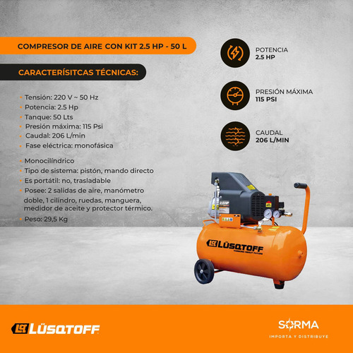 Compresor de aire eléctrico portátil Lüsqtoff LC-2550BK monofásico 50L 2.5hp 220V 50Hz naranja