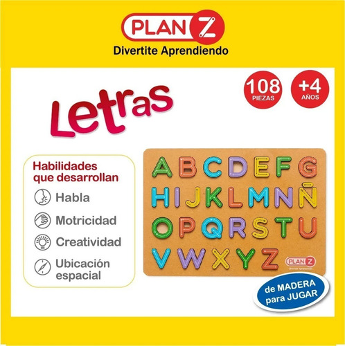 Imagen 2 de 6 de Juego Didactico Encastre De Madera Abecedario Plan Z