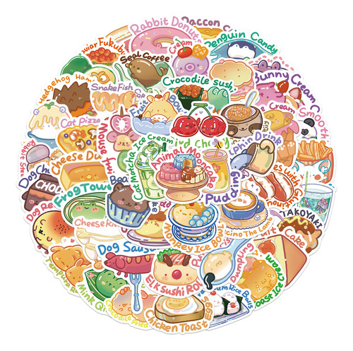 50 Pegatinas Con Dibujos Animados Kawaii, Postres, Comida, G