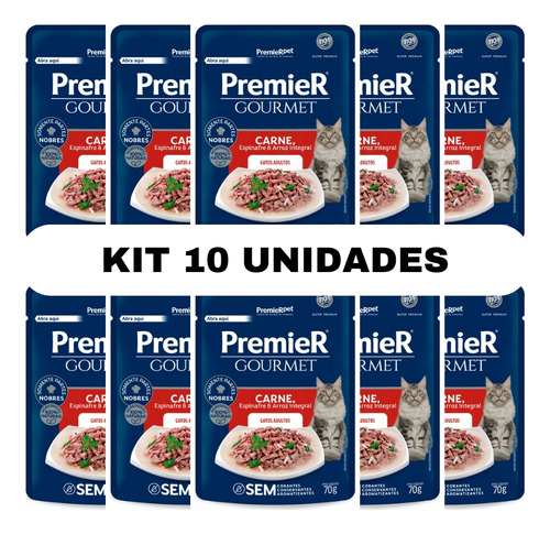 Kit 10un Sachê Premier Gourmet Gatos Adulto Sabor Carne 70g