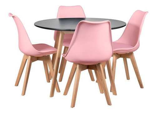 Mesa De Jantar 100 Cm Com 4 Cadeiras Leda Cor Mesa preto com cadeiras rosa claro