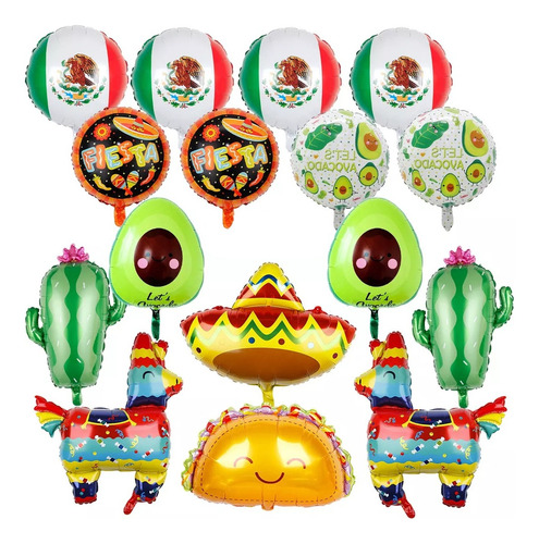 Globos Fiesta Mexicana, Tacos, Cactus & Otros Decorar 16pcs