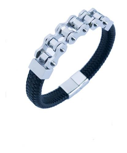 Pulsera Brazalete Piel Cuero Acero Cadena Bicicleta Biker Pr