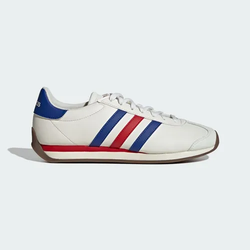 Tenis Adidas Runvista branco com listras laterais em azul e vermelho visto de perfil lateral