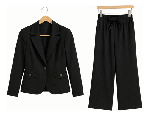 Traje Sastre Mujer Aixa Saco Y Pantalón Estilo Moderno Negro Lino Rayado 36