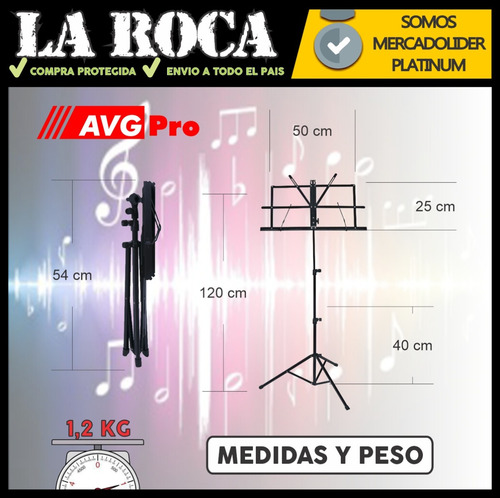 Imagen 6 de 10 de Atril Para Partituras Con Funda Plegable Metalico La Roca