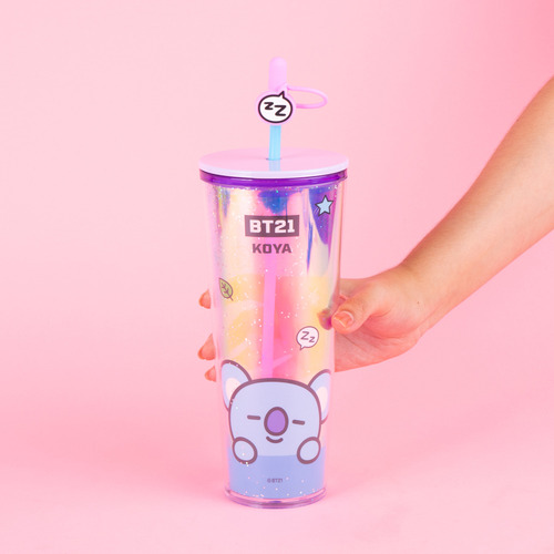 Miniso Vaso Con Tapa Y Popote Bt21 Koya Plástico Tornasol 80