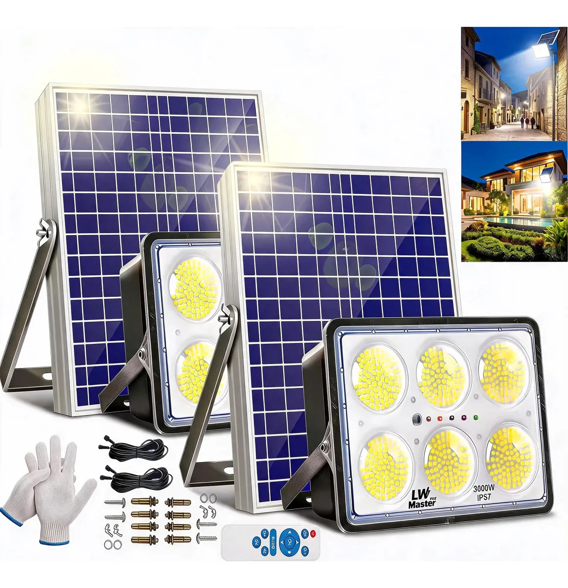 Pack de 2 Lámparas Solares Suburbana LWMaster para Exterior de 3600W con Control Remoto