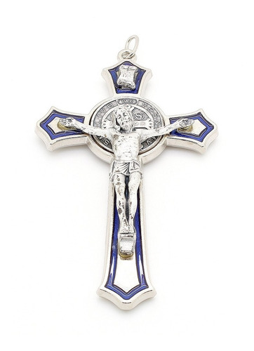 Imagem 1 de 6 de Crucifixo São Bento Prateado - Detalhe Em Resina Azul