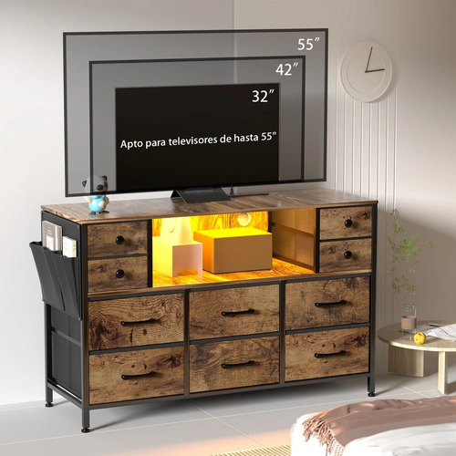 Cómoda Moderna Con Estación Carga+led Con 10 Cajones Para Tv Marrón