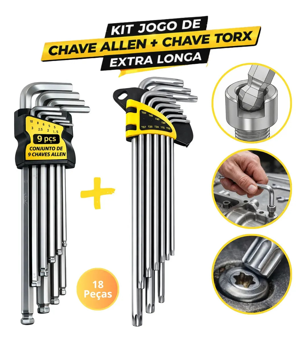 Kit Jogo Chave Allen E Torx Extra Longa 18 Peças Profissional Aço Reforçado Kit Completo