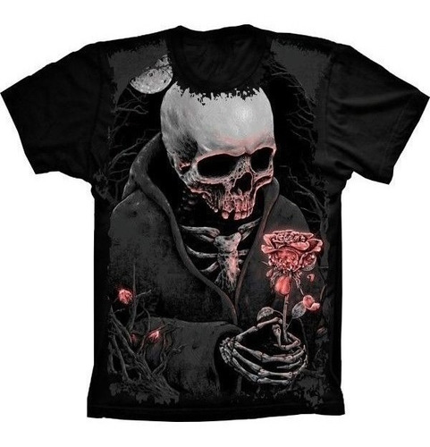 Camiseta Estilosa 3d Fullprint - Skull Caveira Com Rosa